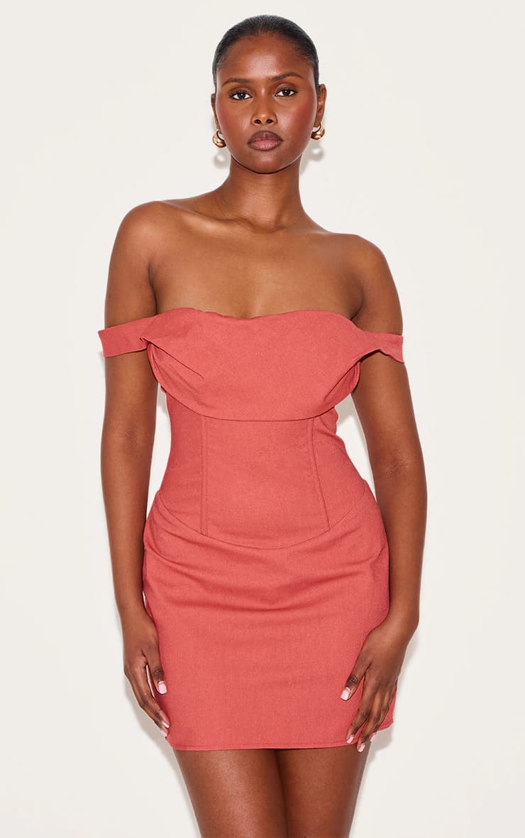 Burnt Orange Draped Bardot Corset Bodycon Dress