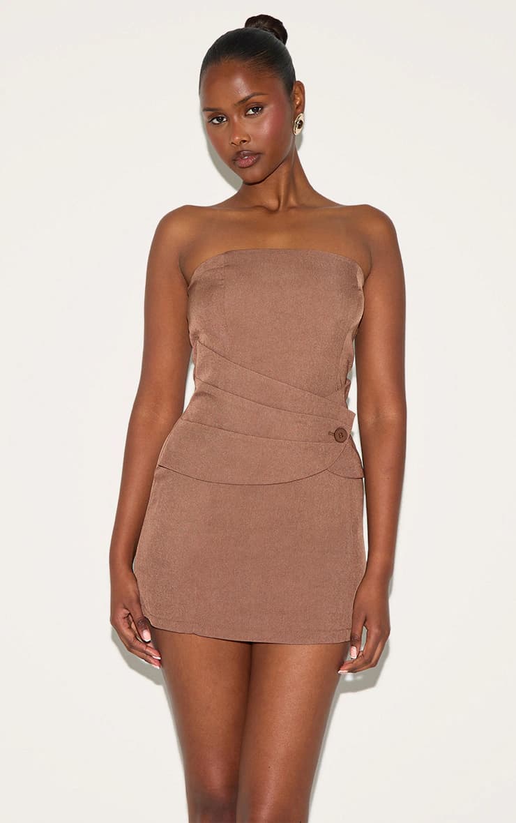Chocolate Woven Wrap Button Bandeau Mini Dress