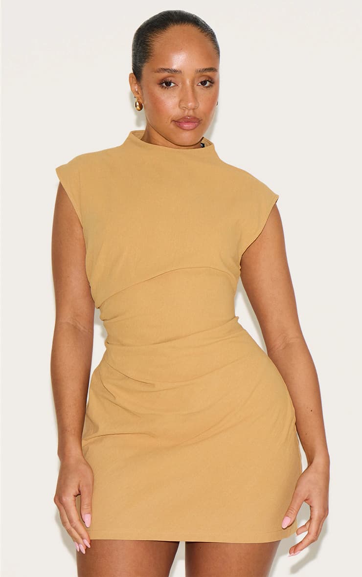 Shape Olive Linen Look Boat Neck Ruched Side Mini Dress