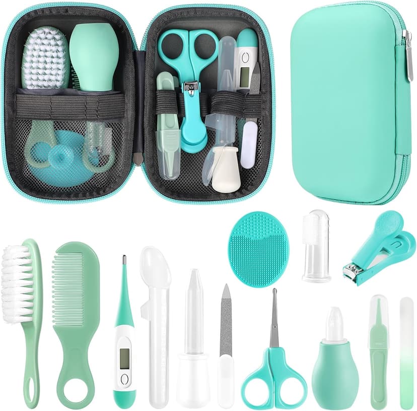 Qunlions Life Baby Healthcare and Grooming Kit – 14-in-1 Infant Safety Care Set (Green)