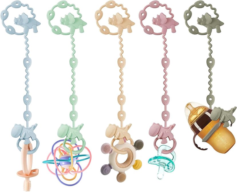 PandaEar Silicone Toy Straps for Baby – 5 Pack Dinosaur Design