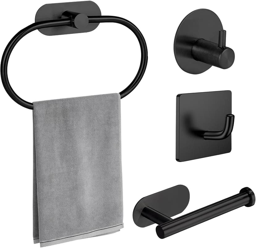 VEGCOO 4 Pcs Bathroom Accessories Set – Self-Adhesive Stainless Steel, Black