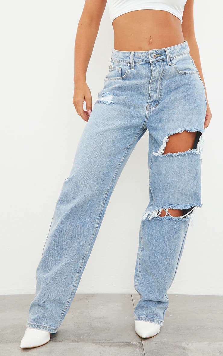 Light Blue Wash Open Knee Boyfriend Jeans