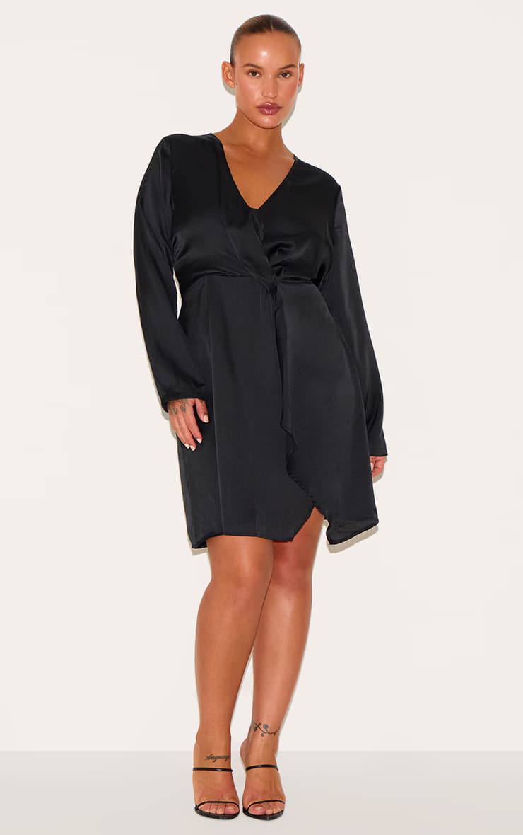 Plus Size Black Satin Long Sleeve Wrap Dress