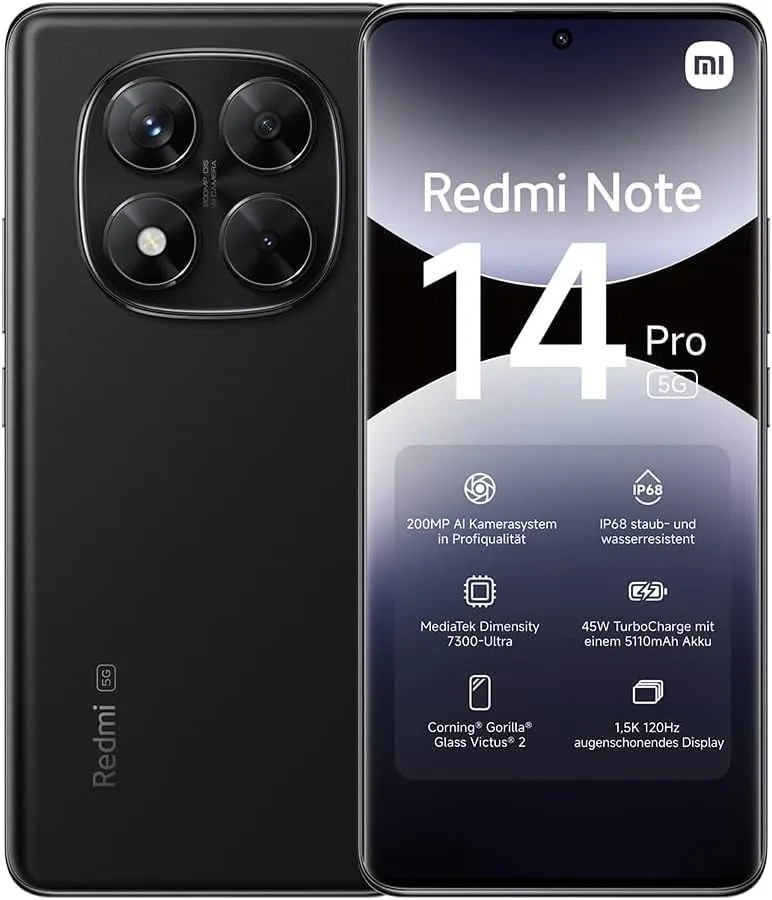 Xiaomi Redmi Note 14 Pro 5G smartphone, Black, 200MP pro-grade AI camera, IP68, 45W turbo charging with 5110mAh battery, AI features (no charger included)