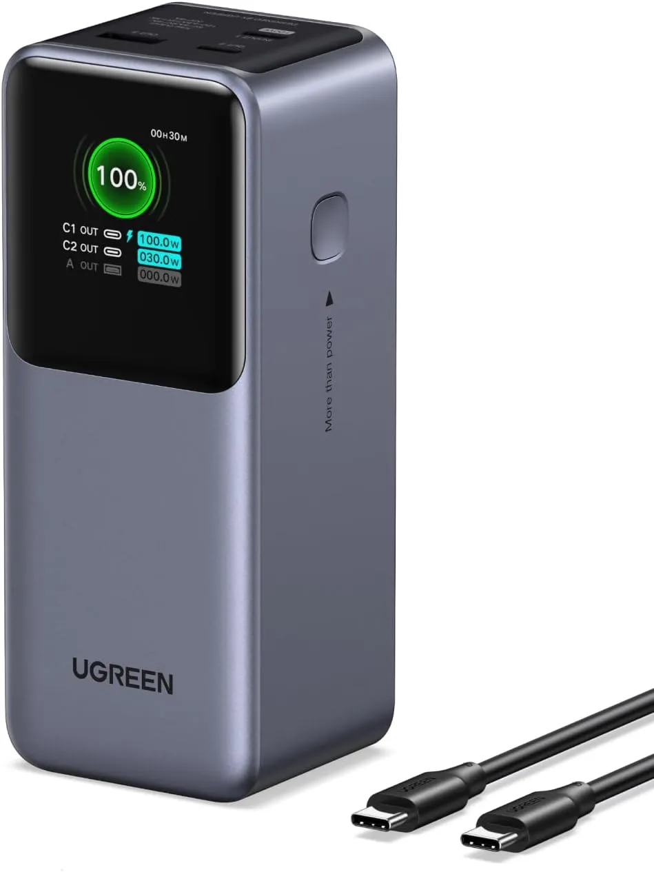 UGREEN Nexode Power Bank 20000mAh 130W Fast Charging, 3-Port USB C Portable Charger Smart Digital Display Battery Pack Compatible with Dell, HP, ASUS, iPad, iPhone Air/17/16, Galaxy S25, AirPods