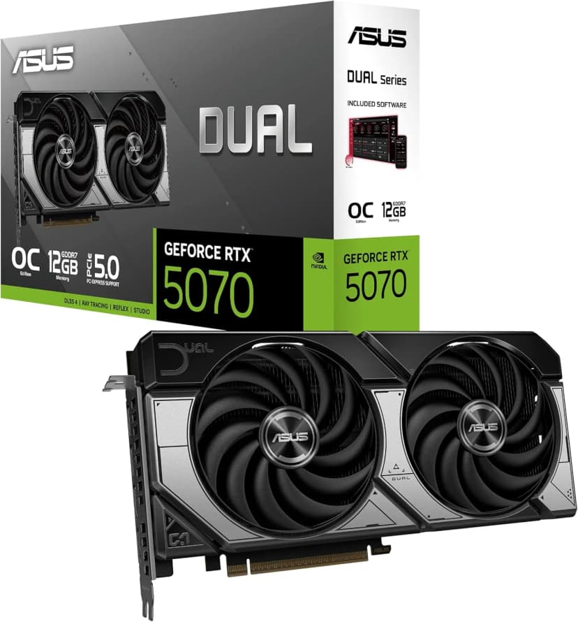 ASUS DUAL RTX5070 OC, PCIe5, 12GB DDR7, HDMI, 3 DP, 2572MHz Clock, Overclocked, Compact SFF-Ready